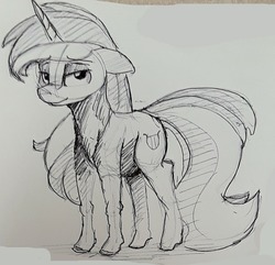 Size: 1221x1175 | Tagged: safe, artist:post-it, lyra heartstrings, pony, unicorn, g4, female, floppy ears, ink drawing, lidded eyes, looking at you, mare, simple background, sketch, smiling, solo, traditional art, white background