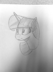 Size: 1280x1707 | Tagged: safe, artist:post-it, twilight sparkle, pony, g4, bust, female, mare, pencil drawing, simple background, sketch, smiling, solo, traditional art, white background