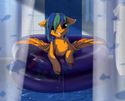 Size: 3240x2622 | Tagged: safe, alternate version, artist:rokufuro, oc, oc only, oc:naarkerotics, pegasus, pony, cute, high res, smiling, solo, swimming pool, unshorn fetlocks, wet mane, ych result