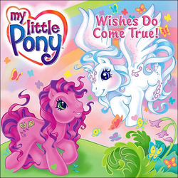 Size: 595x595 | Tagged: safe, artist:lyn fletcher, skywishes, star catcher, butterfly, earth pony, pegasus, pony, g3, official, blushing, book, book cover, cover, duo, duo female, female, flower, flying, looking at each other, mare, rainbow, shipping fuel, starry eyes, wingding eyes, wishes do come true