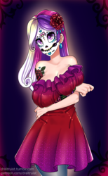 Size: 568x920 | Tagged: safe, artist:draltruist, dean cadance, princess cadance, equestria girls, g4, breasts, busty princess cadance, clothes, dark background, dia de los muertos, dress, female, mask, solo