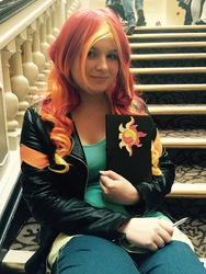 Size: 2448x3264 | Tagged: safe, artist:whiscashgirl, sunset shimmer, human, uk ponycon, uk ponycon 2015, g4, clothes, cosplay, costume, high res, irl, irl human, photo