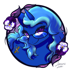 Size: 1500x1500 | Tagged: safe, artist:lenamilove, oc, oc only, oc:cobalt charm, pony, unicorn, blue coat, commission, digital art, female, flower, frame, glasses, looking at you, mare, signature, simple background, smiling, solo, transparent background, ych result