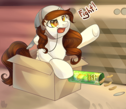 Size: 700x606 | Tagged: safe, artist:alphadesu, oc, oc only, oc:thinker bulb, pony, unicorn, box, box tank, brown hair, brown mane, brown tail, chips, commission, digital art, female, food, hat, mare, monocle, open mouth, pony in a box, potato chips, pringles, solo, speech, ych result