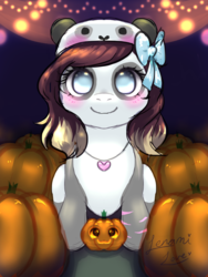 Size: 1500x2000 | Tagged: safe, artist:lenamilove, oc, oc only, earth pony, pony, blank stare, blushing, bow, commission, digital art, female, hair bow, halloween, hat, holiday, jack-o-lantern, jewelry, looking at you, mare, necklace, pumpkin, pumpkin patch, signature, smiling, solo, ych result