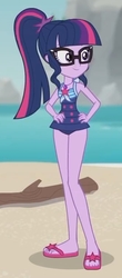 Size: 927x2100 | Tagged: safe, screencap, sci-twi, twilight sparkle, equestria girls, equestria girls series, g4, unsolved selfie mysteries, beach, clothes, cropped, feet, female, flip-flops, glasses, hands on waist, legs, sandals, sci-twi swimsuit, sexy, solo, swimsuit