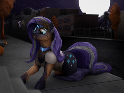 Size: 1000x750 | Tagged: safe, artist:geoffrey mcdermott, nightmare rarity, pony, unicorn, were-pony, g4, bucket, clothes, commission, cutie mark, eyeshadow, female, full moon, glasses, glowing, halloween, holiday, horn, horn ring, human to pony, jewelry, makeup, male to female, mare, mid-transformation, moon, necklace, night, open mouth, outdoors, pants, pumpkin, rule 63, solo, street, tiara, transformation, transgender transformation, tree, urban