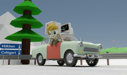 Size: 3675x2175 | Tagged: safe, artist:deloreandudetommy, oc, oc:logic puzzle, 3d, blender, car, coat markings, computer, german, high res, jalopy, socks (coat markings), trabant, tree