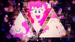 Size: 3840x2160 | Tagged: safe, artist:illumnious, edit, pinkie pie, pony, g4, blurry, female, high res, new york city, solo, triangle, wallpaper, wallpaper edit