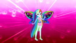 Size: 1280x720 | Tagged: safe, artist:gouhlsrule, artist:yaya54320, rainbow dash, fairy, equestria girls, g4, barefoot, base used, clothes, colored wings, crossover, enchantix, fairy wings, fairyized, feet, female, gloves, long gloves, long hair, multicolored wings, rainbow s.r.l, rainbow wings, solo, winged humanization, wings, winx, winx club, winxified