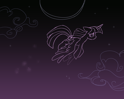 Size: 873x698 | Tagged: safe, artist:rhythmcrown, twilight sparkle, alicorn, pony, g4, cloud, female, flying, mare, monochrome, moon, purple, silhouette, solo, twilight sparkle (alicorn)