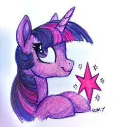 Size: 1280x1440 | Tagged: safe, artist:rhythmcrown, twilight sparkle, pony, g4, crayon drawing, cutie mark, female, gradient background, mare, smiling, solo, traditional art