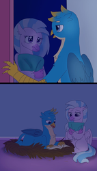 Size: 924x1624 | Tagged: safe, artist:fallenangel5414, gallus, silverstream, classical hippogriff, griffon, hippogriff, g4, book, chest fluff, comic, description is relevant, digital art, female, male, nest, pillow, ship:gallstream, shipping, straight