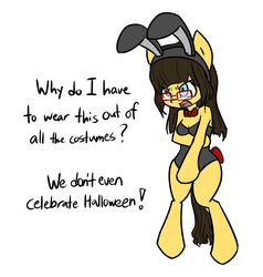 Size: 1355x1426 | Tagged: safe, artist:spheedc, oc, oc only, oc:sphee, earth pony, anthro, angry, arm hooves, bipedal, bowtie, breasts, bunny ears, bunny suit, clothes, covering, digital art, embarrassed, female, glasses, leotard, mare, simple background, solo, text, white background