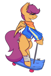 Size: 1300x1950 | Tagged: safe, artist:sushie, scootaloo, pony, g4, bandage, bandana, bipedal, bipedal leaning, clothes, female, jacket, leaning, scooter, simple background, solo, transparent background