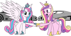 Size: 1024x520 | Tagged: safe, artist:didgereethebrony, princess cadance, princess flurry heart, pony, g4, belly, car, crown, female, hoofshake, hyper, hyper pregnancy, hypercar, impossibly large belly, jewelry, koenigsegg, koenigsegg agera r, mother and daughter, older, older flurry heart, porsche, porsche 918, pregdance, pregnant, regalia, tiara