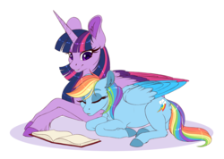 Size: 2384x1696 | Tagged: safe, artist:silkensaddle, rainbow dash, twilight sparkle, alicorn, pegasus, pony, g4, book, chest fluff, colored wings, colored wingtips, crossed hooves, cuddling, cute, ear fluff, female, floppy ears, fluffy, grin, lesbian, lidded eyes, mare, open mouth, prone, ship:twidash, shipping, simple background, sleeping, smiling, twilight sparkle (alicorn), unshorn fetlocks, white background, wing fluff