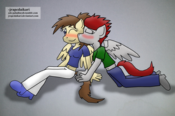 Size: 4160x2755 | Tagged: safe, artist:jrapcdaikari, oc, oc only, oc:flitter feather, oc:sharps eye, anthro, cheek kiss, duo, female, kissing, lesbian