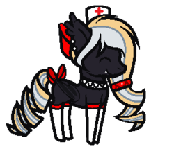 Size: 296x270 | Tagged: safe, artist:sharkipi, oc, oc only, oc:nighthaunt, bat pony, pony, bat pony oc, bow, clothes, cute, cute little fangs, ear piercing, fangs, female, gloves, hair bow, hat, mare, nurse, nurse hat, nurse outfit, one eye closed, piercing, simple background, solo, stockings, tail bow, thigh highs, transparent background, wink