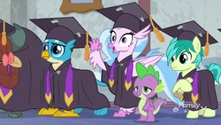 Size: 1920x1080 | Tagged: safe, screencap, gallus, sandbar, silverstream, spike, yona, classical hippogriff, dragon, earth pony, griffon, hippogriff, pony, yak, g4, school raze, bow, cloven hooves, colored hooves, female, graduation cap, hair bow, hat, hoof hold, jewelry, male, monkey swings, necklace, safety pin, teenager, winged spike, wings