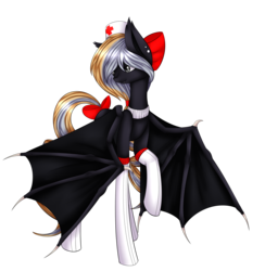 Size: 3019x3091 | Tagged: safe, artist:midfire, oc, oc only, oc:nighthaunt, bat pony, pony, bat pony oc, bow, clothes, cute, cute little fangs, ear piercing, fangs, female, gloves, high res, mare, nurse, nurse outfit, piercing, raised hoof, simple background, solo, stockings, tail bow, thigh highs, transparent background
