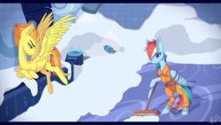Size: 1024x576 | Tagged: safe, artist:scape-goats, rainbow dash, spitfire, pegasus, pony, g4, tanks for the memories, aftermath, b-f16, bound wings, broom, chains, clothes, jumpsuit, prison outfit, prisoner rd, punishment, shackles, snow, weather factory