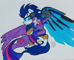 Size: 2305x1875 | Tagged: safe, artist:boyoxhot, soarin', twilight sparkle, alicorn, cyber pony, pegasus, pony, g4, crying, duo, flower, traditional art, twilight sparkle (alicorn), wings