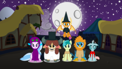 Size: 4000x2250 | Tagged: safe, artist:eli-j-brony, gallus, ocellus, sandbar, silverstream, smolder, yona, big cat, ladybug, lion, g4, clothes, costume, halloween, hat, holiday, student six, top hat, witch