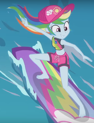 Size: 476x622 | Tagged: safe, screencap, rainbow dash, blue crushed, equestria girls, g4, my little pony equestria girls: better together, barefoot, belly button, clothes, cropped, feet, female, geode of super speed, magical geodes, midriff, solo, surfboard, surfing, swimsuit, wave