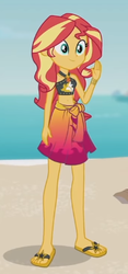 Size: 242x518 | Tagged: safe, screencap, sunset shimmer, equestria girls, g4, my little pony equestria girls: better together, unsolved selfie mysteries, belly button, clothes, cropped, cute, feet, female, flip-flops, geode of empathy, magical geodes, sandals, sarong, shimmerbetes, smiling, solo, swimsuit, waving