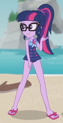 Size: 288x556 | Tagged: safe, screencap, sci-twi, twilight sparkle, equestria girls, g4, my little pony equestria girls: better together, unsolved selfie mysteries, clothes, cropped, feet, female, flip-flops, geode of telekinesis, magical geodes, solo, swimsuit