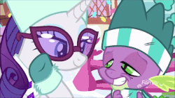 Size: 600x338 | Tagged: safe, screencap, rarity, spike, dragon, pony, g4, my little pony best gift ever, animated, blushing, boop, clothes, female, gif, male, scarf, snow, striped scarf, winged spike, wings, winter, winter outfit