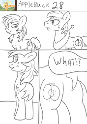 Size: 2480x3508 | Tagged: safe, artist:jbond, part of a set, big macintosh, earth pony, pony, comic:applebuck, g4, butt, comic, duo, exclamation point, female, high res, implied changeling, implied thorax, interrobang, lineart, male, mare, monochrome, plot, question mark, rule 63, sketch, speech, stallion, text