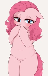Size: 772x1216 | Tagged: safe, artist:manachaaaaaaaa, pinkie pie, earth pony, pony, g4, alternate hairstyle, bipedal, chubby, cute, diapinkes, featureless crotch, female, looking at you, loose hair, mare, plump, simple background, solo, white background