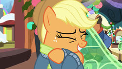 Size: 1280x720 | Tagged: safe, screencap, applejack, real article, earth pony, pony, g4, my little pony best gift ever, applejack's hat, clothes, cowboy hat, crossed hooves, cute, eyes closed, female, friendship express, hat, scarf, smiling, solo focus, sweater, winter outfit