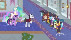 Size: 1920x1080 | Tagged: safe, screencap, chancellor neighsay, gallus, ocellus, princess celestia, sandbar, silverstream, smolder, spike, twilight sparkle, yona, alicorn, dragon, pony, g4, school raze, graduation cap, hat, hoof shoes, student six, twilight sparkle (alicorn), winged spike, wings