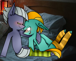 Size: 1024x829 | Tagged: safe, artist:skuuma2511, lightning dust, limestone pie, earth pony, pegasus, pony, g4, bed, blushing, clothes, cuddling, eyes closed, female, hug, irl, lesbian, limedust, mare, one eye closed, open mouth, photo, pillow, ponies in real life, shipping, socks, striped socks, wink
