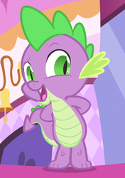 Size: 490x696 | Tagged: safe, screencap, spike, dragon, g4, inspiration manifestation, season 4, arm behind back, baby, baby dragon, bell, carousel boutique, couch, cropped, cute, door, fangs, green eyes, male, smiling, solo, spikabetes, tail