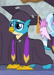 Size: 731x997 | Tagged: safe, screencap, gallus, silverstream, yona, griffon, hippogriff, g4, school raze, claws, cropped, graduation cap, hat, male, offscreen character, paws, smiling, solo focus, tail
