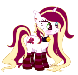 Size: 2852x2736 | Tagged: safe, artist:burû, oc, oc only, oc:vanilla reddagger, pony, unicorn, base used, bell, blushing, clothes, collar, heterochromia, high res, signature, simple background, socks, solo, striped socks, transparent background