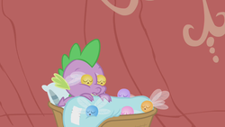 Size: 1280x720 | Tagged: safe, screencap, spike, dragon, parasprite, g4, swarm of the century, basket, blanket, eyes closed, golden oaks library, male, pillow, sleeping, solo