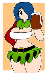 Size: 1000x1500 | Tagged: safe, artist:kloudmutt, oc, oc only, oc:sorrow, human, alcohol, beautiful, beer, belly button, belt, bionic arm, bowtie, clothes, cute, explicit source, female, green lipstick, holiday, humanized, humanized oc, lipstick, midriff, miniskirt, moe, saint patrick's day, skirt, solo, thighs