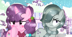 Size: 1300x675 | Tagged: safe, artist:doraeartdreams-aspy, marble pie, sugar belle, g4, barrette, base used, boop, clothes, jealous, scarf, self-boop, snow, town hall, tree