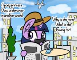 Size: 1885x1452 | Tagged: safe, artist:artiks, twilight sparkle, pony, g4, bush, cloud, coffee, fake moustache, female, hat, newspaper, plane, sky, skyscraper, solo