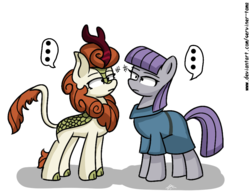 Size: 1000x768 | Tagged: safe, artist:winter-scarf, autumn blaze, maud pie, earth pony, kirin, pony, sounds of silence, ..., female, looking at each other, mare, simple background, speech bubble, white background