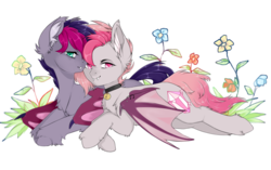 Size: 1320x831 | Tagged: safe, artist:furashi, oc, oc only, oc:candy quartz, oc:retro wave, bat pony, pony, bat pony oc, candywave, chest fluff, cute, ear fluff, fangs, female, floppy ears, flower, fluffy, male, mare, piercing, siblings, silly, simple background, snuggling, stallion, transparent background, wing piercing, wings