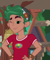 Size: 594x720 | Tagged: safe, screencap, timber spruce, equestria girls, g4, my little pony equestria girls: legend of everfree, camp everfree outfits, clothes, cropped, male, one eye closed, solo, wink