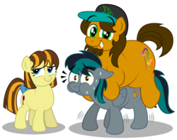 Size: 4875x3850 | Tagged: safe, artist:aleximusprime, oc, oc:alex the chubby pony, oc:blackgryph0n, earth pony, pegasus, pony, aleximusprime, blackgryph0n, bow, cap, chubby, female, filly, funny, hat, heavy, holding up, male, michelle creber, ponified, puffy cheeks, recreation, stallion, sweat, tail bow, trio