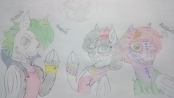 Size: 3840x2160 | Tagged: safe, artist:cloudick, oc, oc:cherry rose, oc:silver sanction, bat pony, pony, bat pony oc, black and white, cheek fluff, clothes, dia de los muertos, eeee, face paint, fangs, female, grayscale, green eyes, high res, jewelry, lidded eyes, looking at you, makeup, male, mare, monochrome, necklace, night, one eye closed, open mouth, skree, smiling, smirk, stallion, underhoof, wink