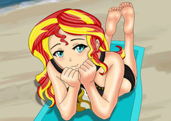 Size: 842x595 | Tagged: safe, artist:anonix123, sunset shimmer, equestria girls, g4, my little pony equestria girls: better together, adorasexy, barefoot, beach, clothes, cute, daaaaaaaaaaaw, feet, female, human coloration, looking at you, ocean, sand, sexy, shimmerbetes, smiling, solo, swimsuit